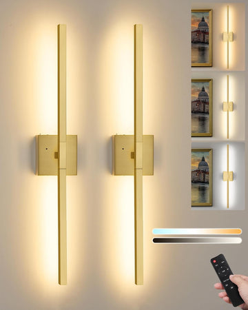 Gold Battery Operated Wall Sconces with Remote Control | 3000/4500/6000K Dimmable 8000mAh Wireless Rechargeable Wall