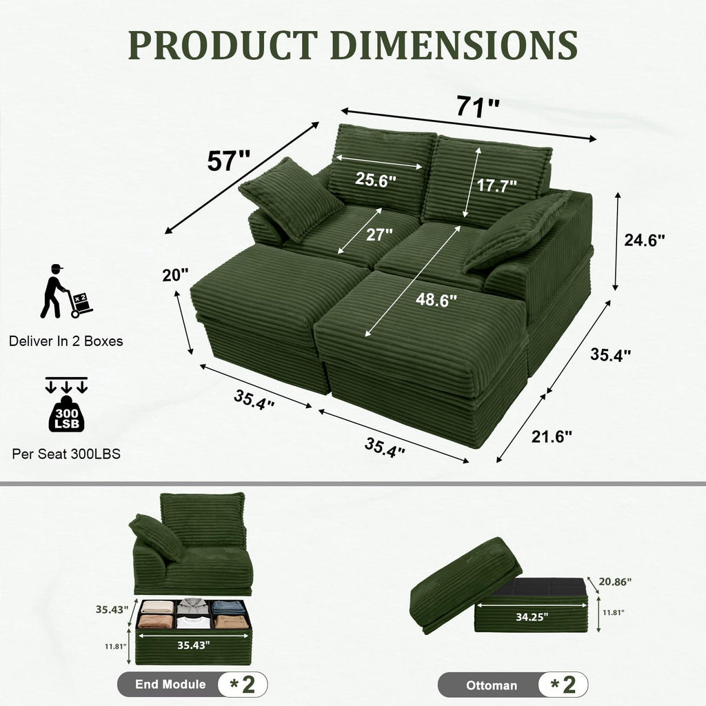 Upgraded Boneless Couch with Storage, Deep Seat Modular Sectional Sofa 2 Seater Loveseat Sofa with Ottoman, No