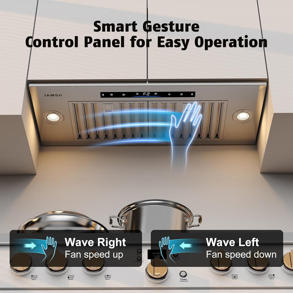 36 Inch Stainless Steel Range Hood Insert 900 CFM 4 Speed Gesture & Touch Control Convertible Ducted/Ductless