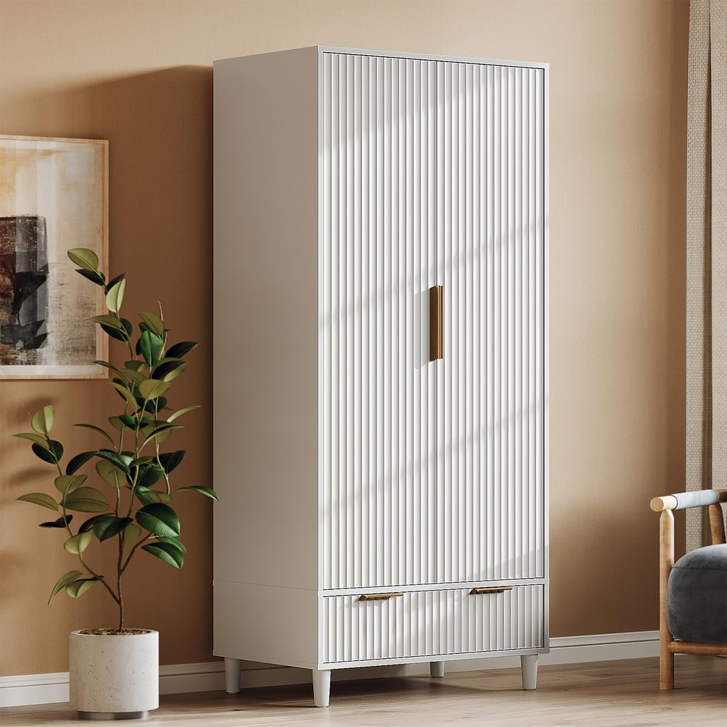 Fluted Wardrobe Closet Armoire with Doors And Drawers, White Wardrobe Cabinet with Hanging Rack, Bedroom Closet Wood