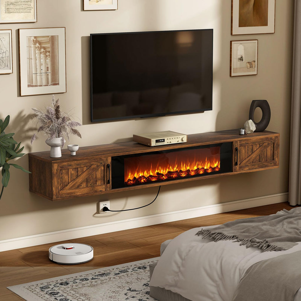 Floating TV Stand with 36" Electric Fireplace, 70" Farmhouse Entertainment Center for TVs Up to 80" Wall Mounted