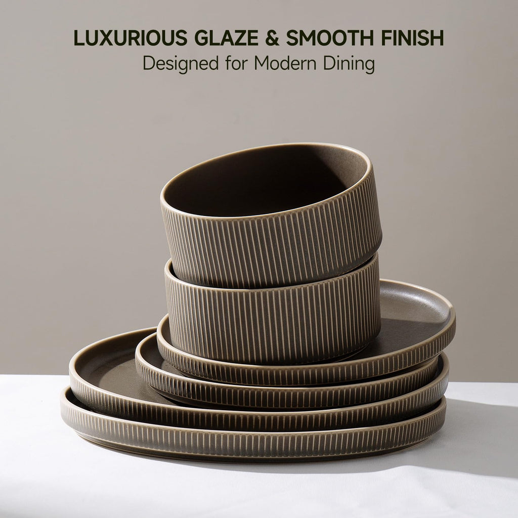 Stoneware Dinnerware Sets for 4, 12Pcs Plates and Bowls Set, Matte Green