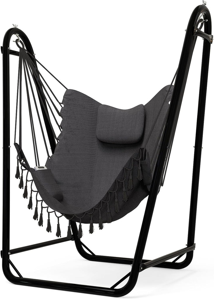 Unique U-Shaped Hammock Chair with Stand,Sturdy & Rust-Resistant,Free Gray Cotton Hammock Chair | U-Shape Anti-Tip