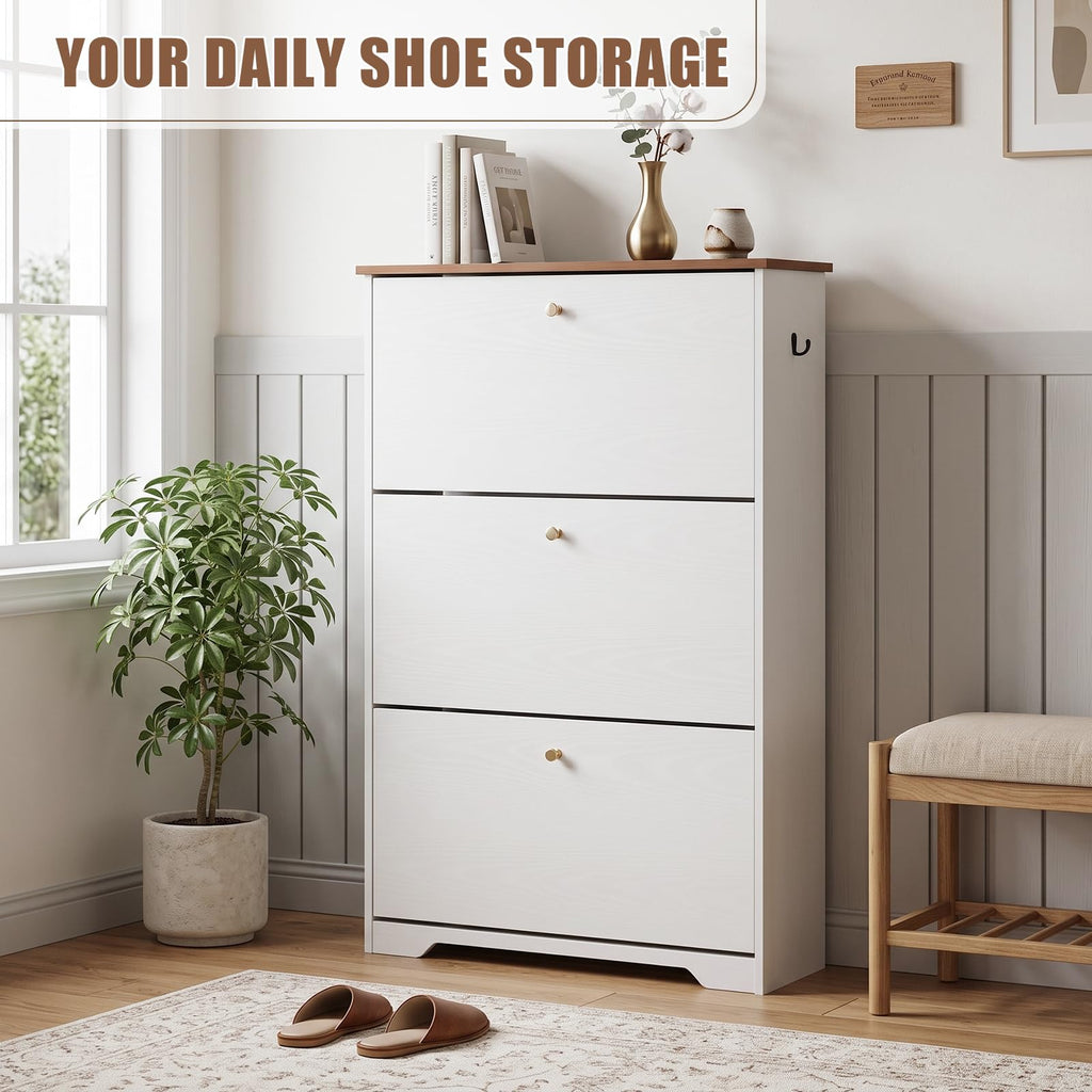 Shoe Cabinet, 3 Flip Drawers Slim White Walnut Top Entry Storage