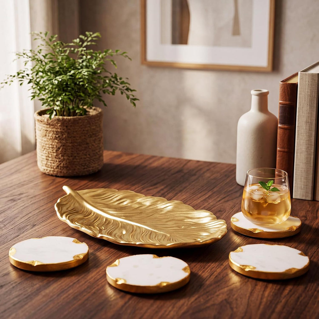 White Marble Coasters with Gold Leaf Tray Set Decorative Round Drink Coasters with Gold Foil Edge for Coffee - Set of 5