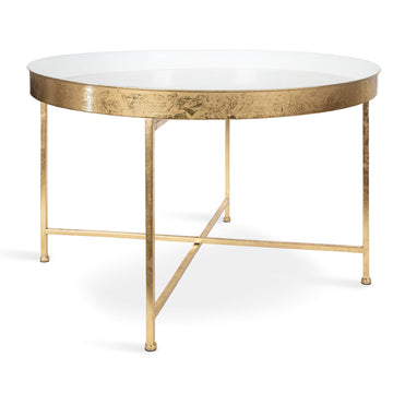 Celia Modern Glam Round Metal Coffee Table, 28.25" x 28.25" x 19", White and Gold Leaf, Chic Sophisticated Accent
