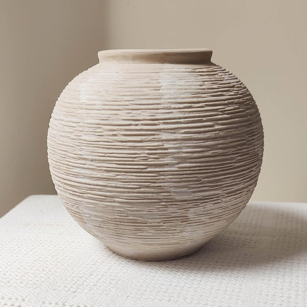 Rustic Farmhouse Vase Home Decor - 6 in Ceramic Boho Decorative Vase for Decor, Round Clay Whitewashed Terracotta