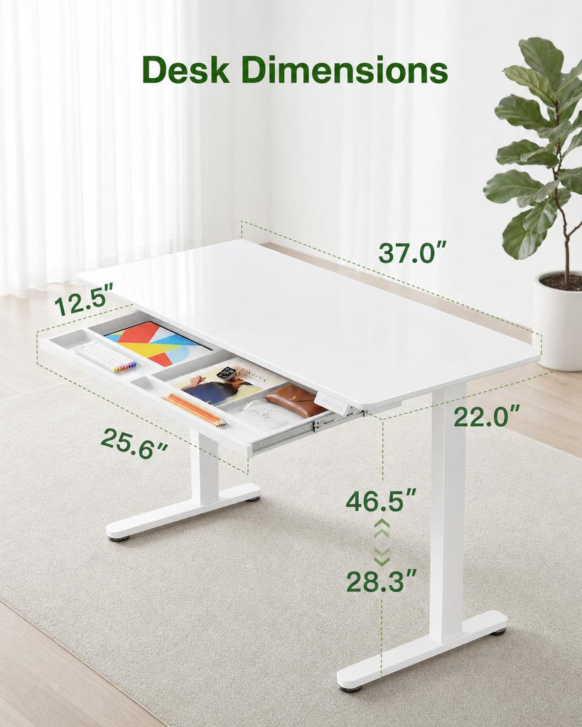 37 Inch Glass Standing Desk with 4-Zone Drawer Storage, Pearl White
