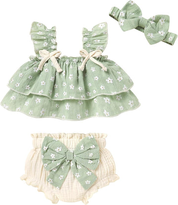 Baby Girl Clothes Infant Ruffle Tops Dress Shorts Set Bloomers Toddler Sleeveless Summer Outfits with Headband