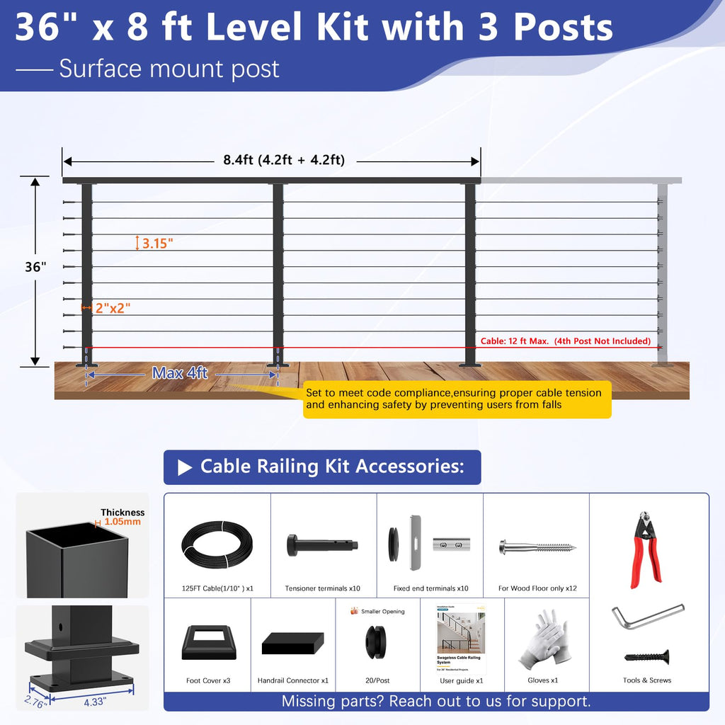 4-8ft Modular 36" Swageless Cable Railing System with Handrail
