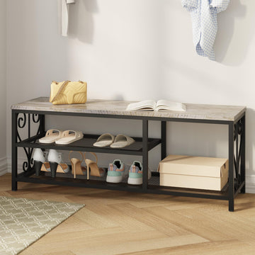 Entryway Storage Bench with Shoe Rack, 47.2" Wide Hallway Bench with Seating, Rustic Wood Top & Metal Frame, 2-Tier