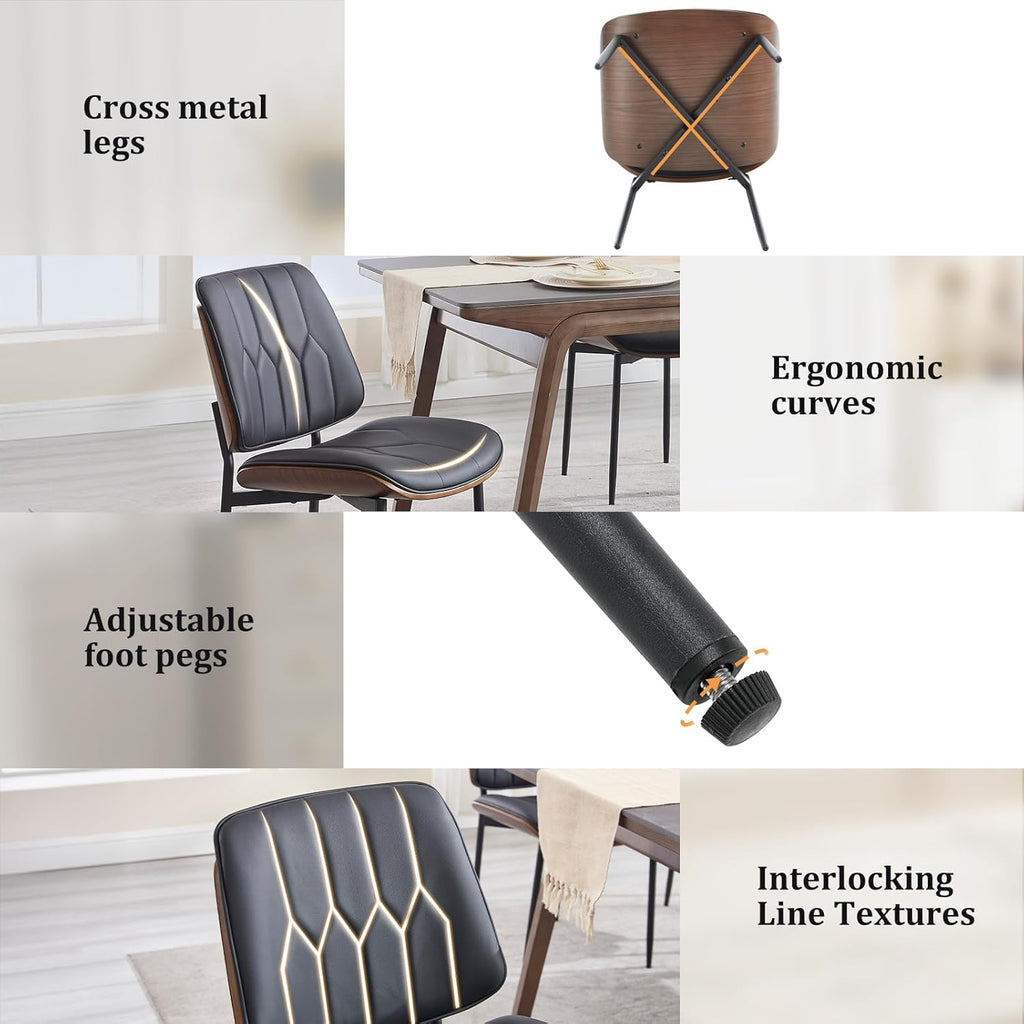 Mid-Century Modern Dining Chairs Set of 2, Upholstered PU Leather Accent Chairs with Walnut Bentwood Back, Armless Kitchen Chairs, Black