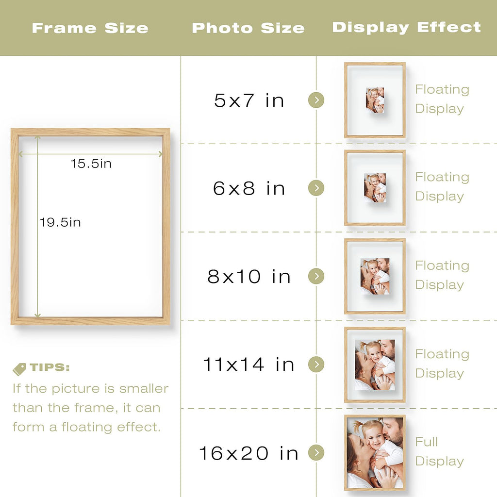 16x20 Floating Picture Frame - Natural Wood Solid Wood for Pressed Flower