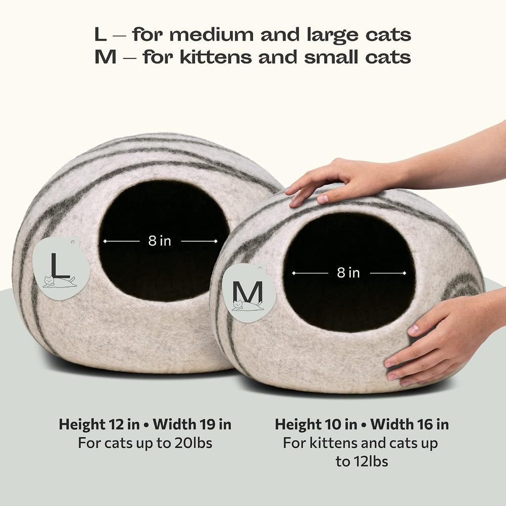 Premium Felt Cat Bed Cave (Light Grey/Medium) and Wool Ball Toys (6-Pack) Bundle