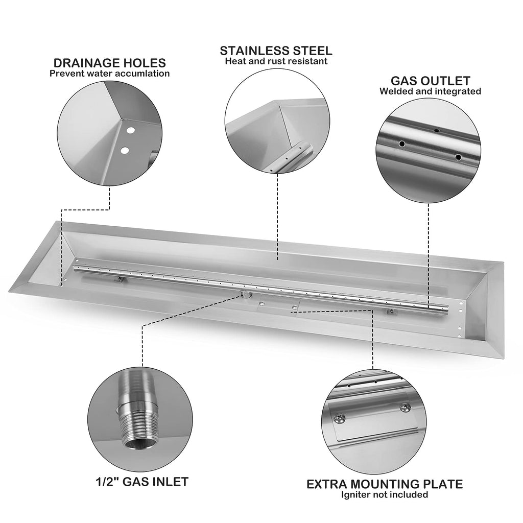 30 by 6-Inch Drop-in Linear Fire Pit Pan and Burner