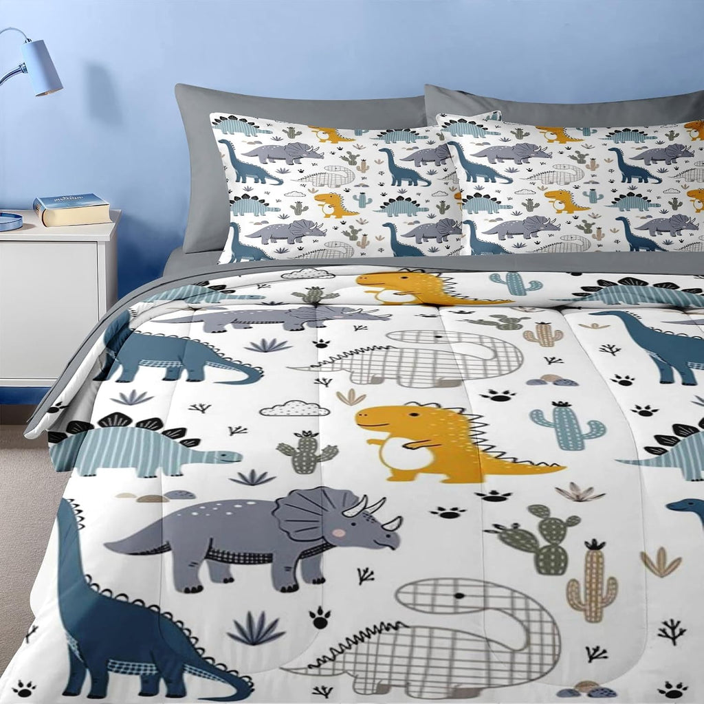 7 Pcs Comforter Set Full, Cute Dinosaur Dino Bedding for Kids Teen, Blue Yellow Dragon with Fitted Sheet 2