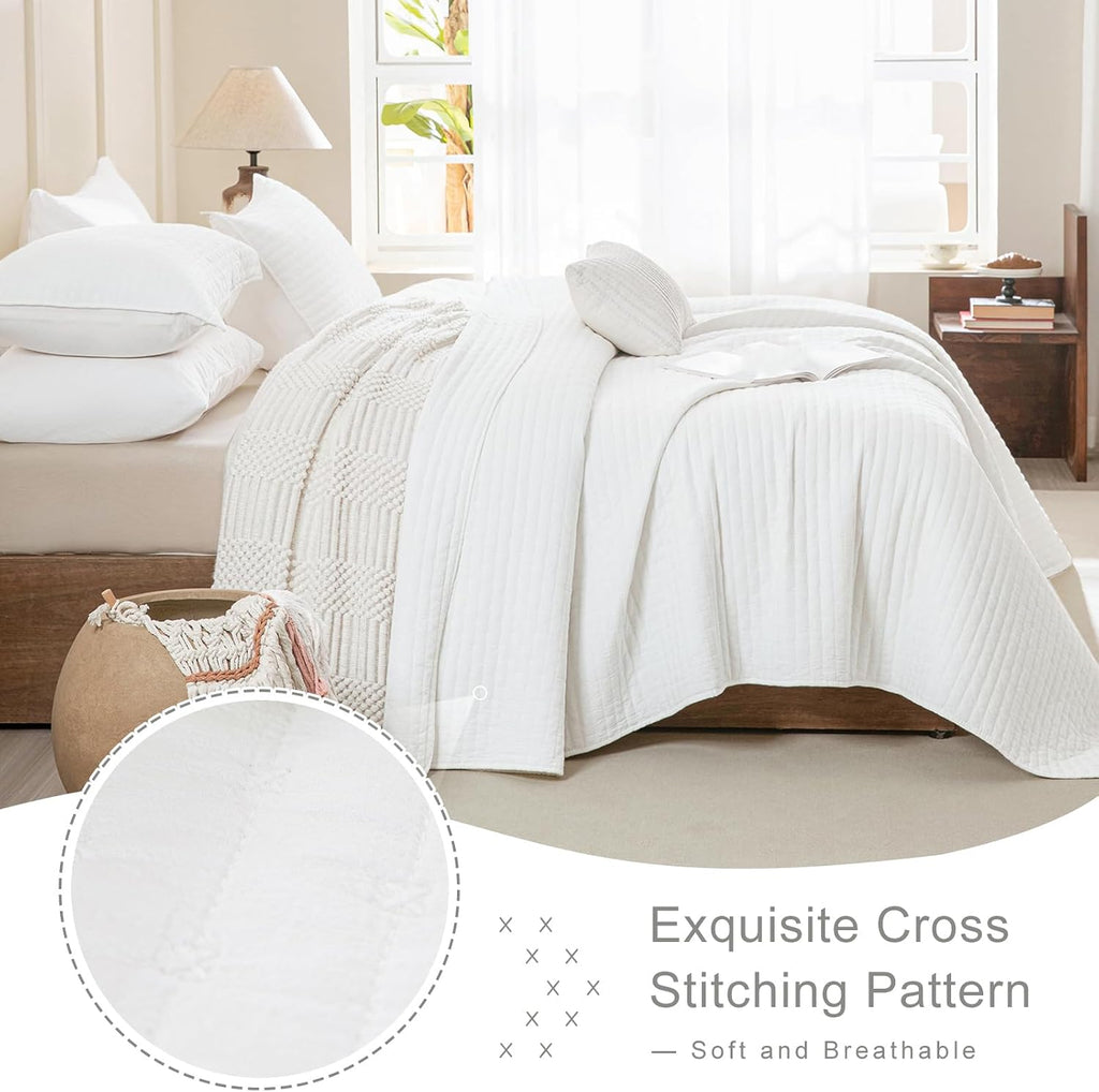 Oversized King Quilt 128x120, White Oversized King Bedspreads Set for Bed, Lightweight & Soft Farmhouse Coverlet All