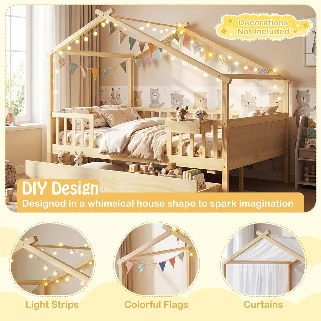 Full Size House Bed for Kids, Full Storage Bed with Roof & Fence Rails, Wood Bed Frame with Storage Box & 2 Rolling