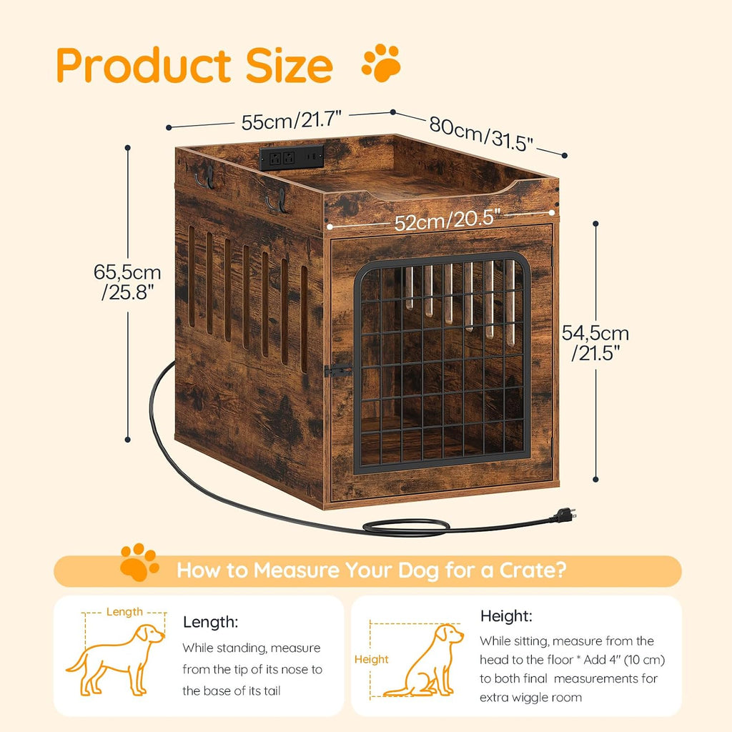 31.5''Dog Crate Furniture with Charging Station, Pet Crate End Table