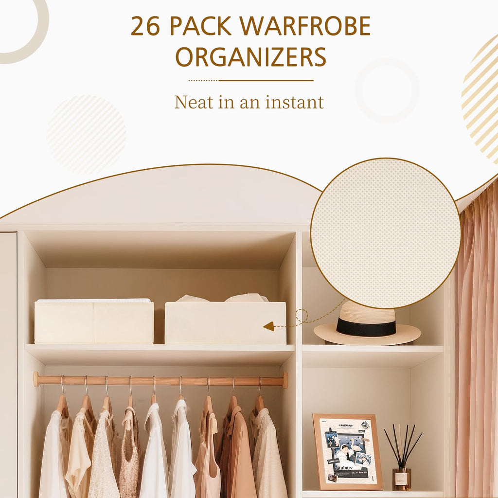 26 Pack Drawer Organizer for Clothes, Foldable Dresser Dividers with 3 Sizes, Fabric Storage Bins - Beige