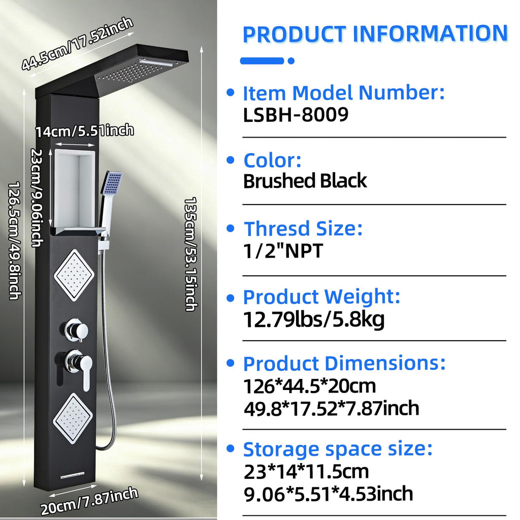 Shower Panel Tower System with Storage- Brushed Black