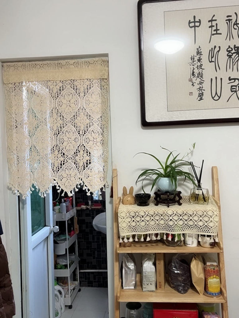 Short Curtain for Small Window Sheer Transparent Beige Cotton Hollow Crochet Lace Chic Bohemian Valance Panel Drapes