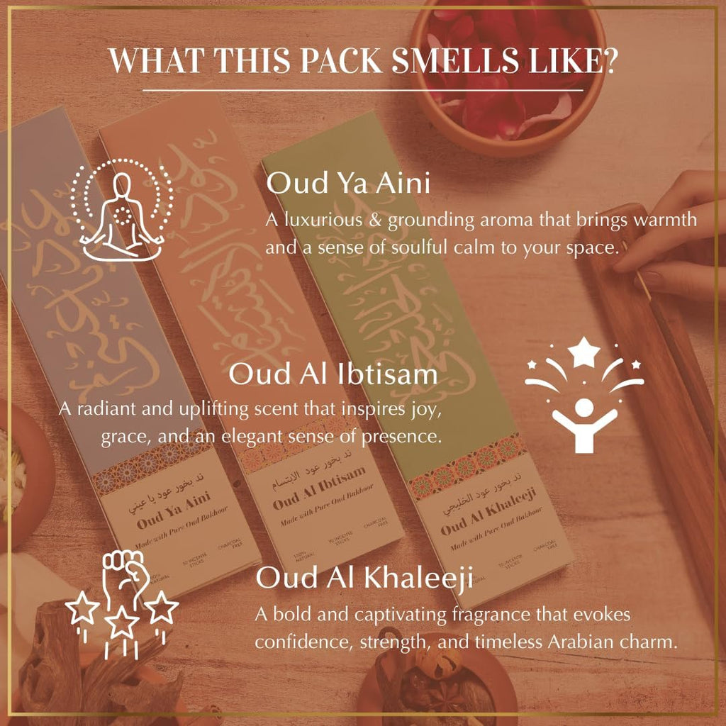 Arabian Oud Incense Sticks Gift Set|90 bakhoor Sticks & Holder - Set of 3