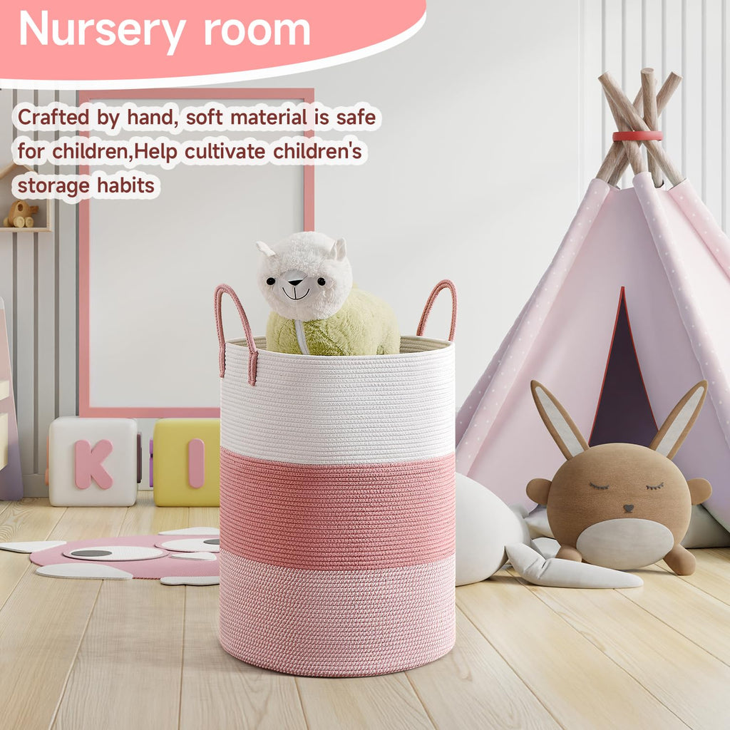 Laundry Basket Round Storage Rope Basket - 18.1x24 Inches - Pink Hamper in Bedreoom and Cute Storage Bin for