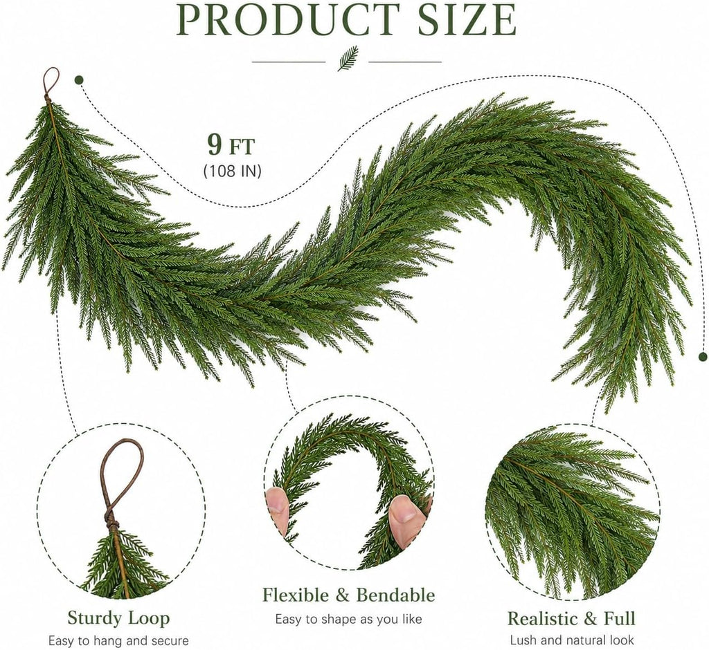 9FT Christmas Norfolk Pine Garland, Real Touch Artificial Greenery Garland, Realistic Faux Pine Garlands for Front