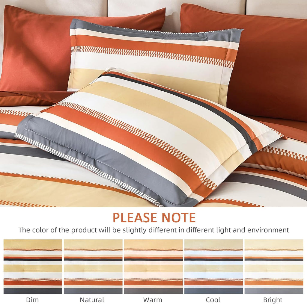 Queen Comforter Set, 7 Pieces Bed in a Bag Orange Queen Bed Set, Soft Boho Striped Bedding Sets with Sheets