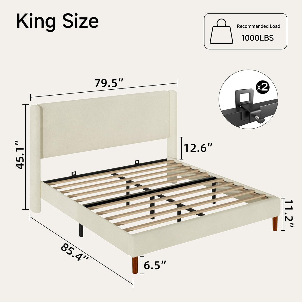 King Bed Frame, Boucle Upholstered Platform Bed with Iron & Wood, Beige