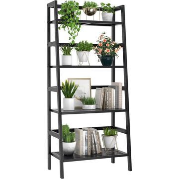 Black Ladder Shelf, 4-Tier Bamboo Bookshelf & Bookcase Organizer