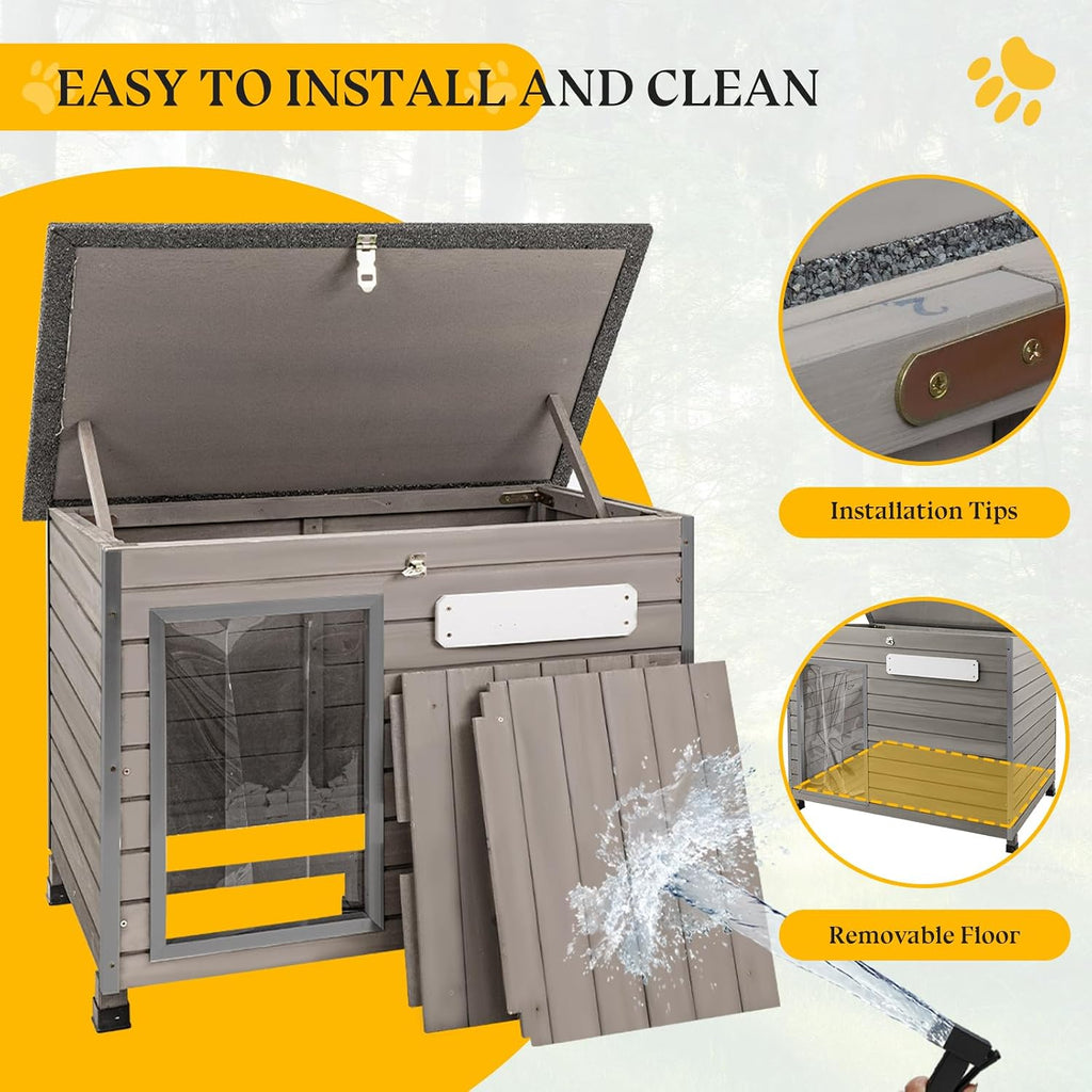 Dog House Outdoor, Chew-Proof Iron Frame Dog Kennel Weatherproof Natural Fir Wood Dog Houses with Removable
