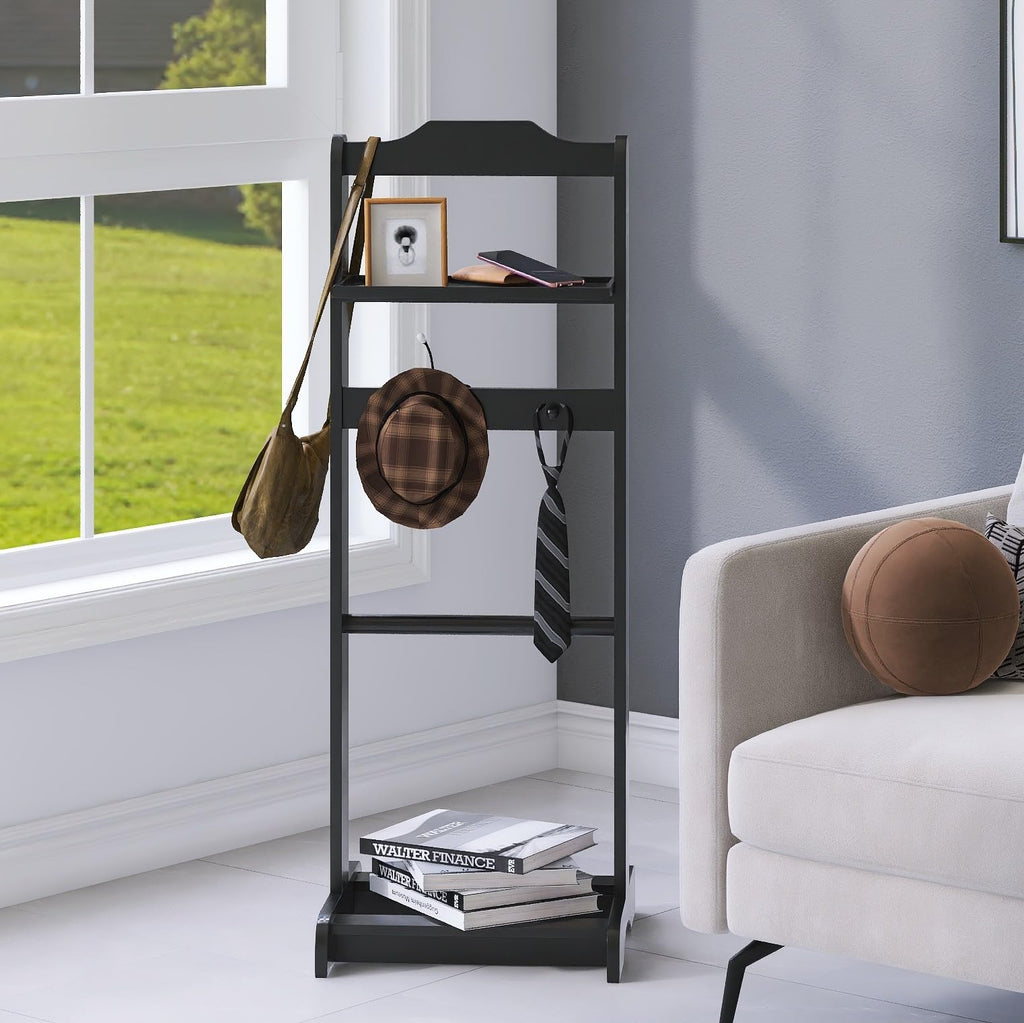 Suit Valet Stand for Men, Wooden Clothes Rack with Tray, Black