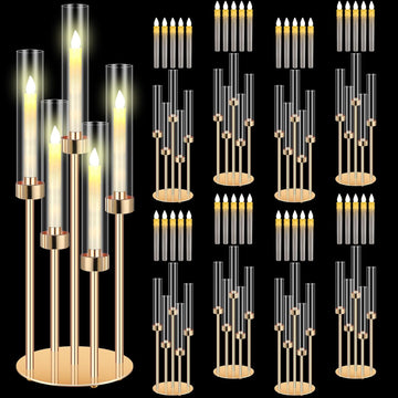 8 Set Gold Candelabra Centerpieces for Tables, 26.8 Inch 5 Arm Candle Holders with LED Candles and Acrylic Cylinders