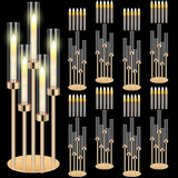 8 Set Gold Candelabra Centerpieces for Tables, 26.8 Inch 5 Arm Candle Holders with LED Candles and Acrylic Cylinders