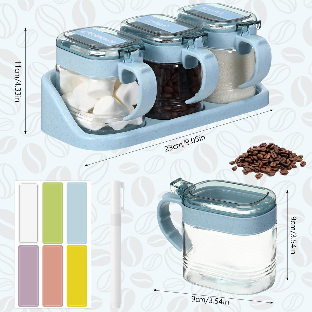 3 Pcs Sugar Coffee Container Set 16 oz Glass, Nordic Blue