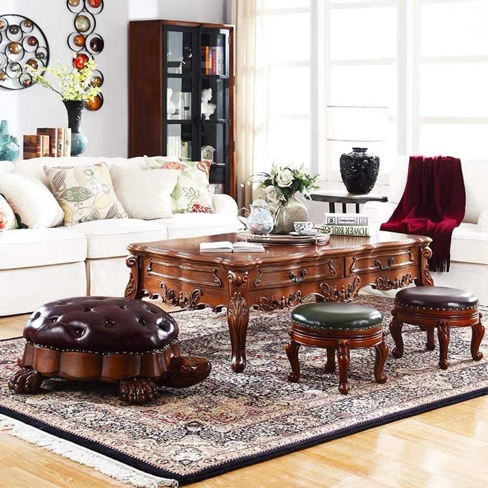Wood Ottoman Footstool, Sofa Stool, Wood Ottoman Foot Rest, Leather Upholstered Vintage Turtle Footrest Stool with