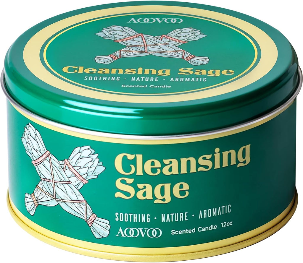Sage Candle for Cleansing - 3 Wick 12oz Large Scented Candle with Crystals & Sage Leaves Inside, Soy Candles Non - Set of 12