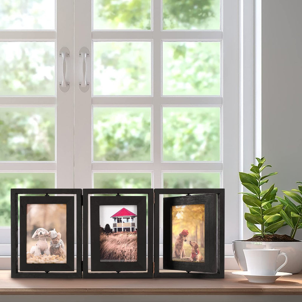 4x6 Picture Frame Rustic Wood Hinged Folding Triple Picture Frames Collage, Double-Sided Display Rotatable High