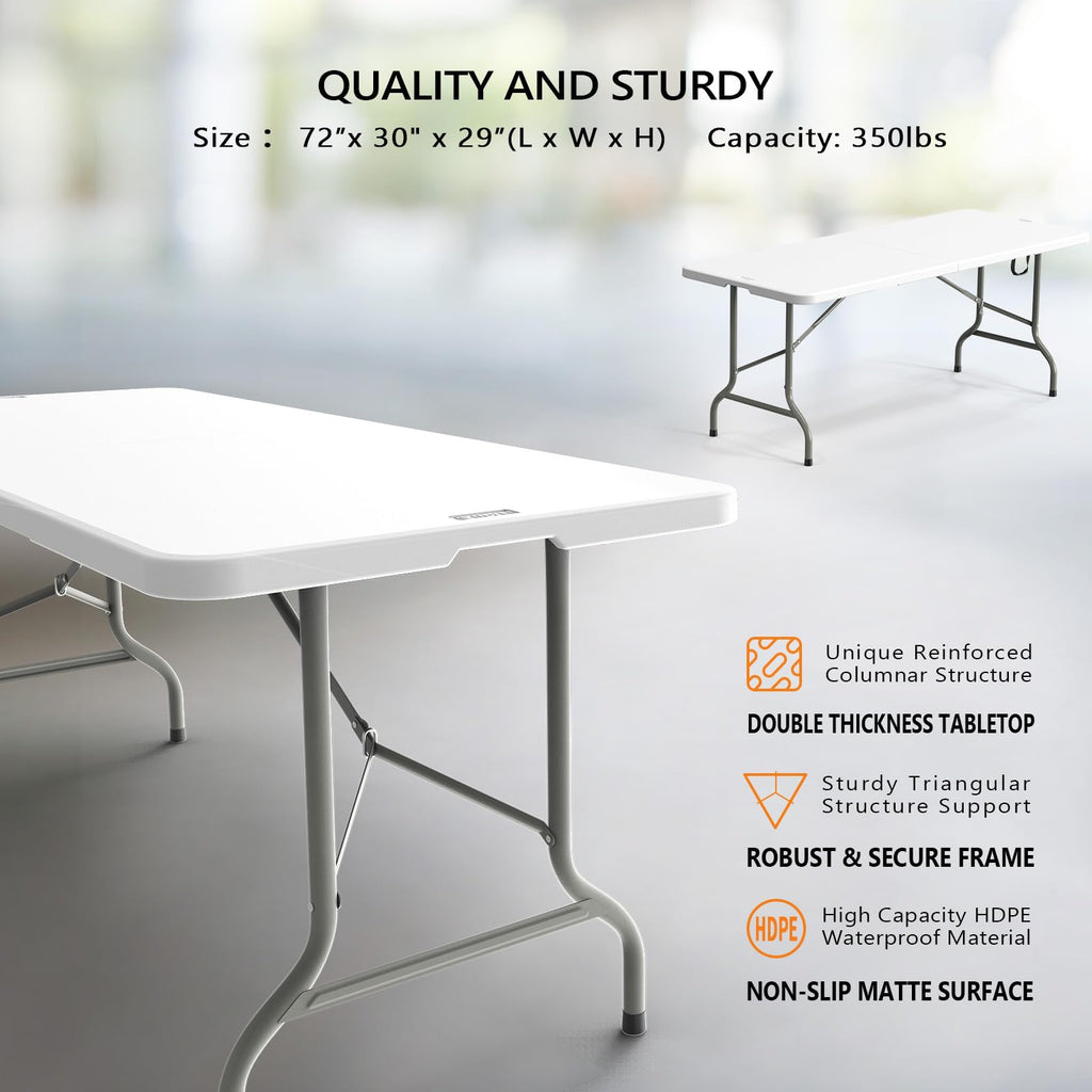 6 Foot Plastic Folding Table Portable Long Table for Indoor Outdoor Use Rectangular with Carrying Handle, Smooth HDPE