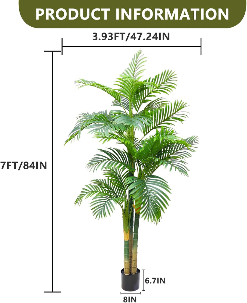 7FT Fake Palm Trees, Artificial Golden Cane Palm Tree 84IN, Green Large Tropical Palm Fake Plant in Pot for Indoor