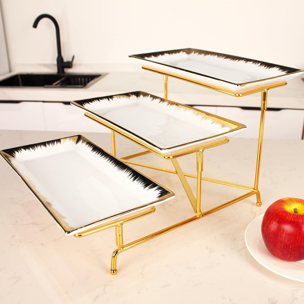3-Tiered Serving Rack with Ceramic Tray, Foldable Gold Stand with 3-PCS 11.4 Inch Gold Rim Plates, for Food Display