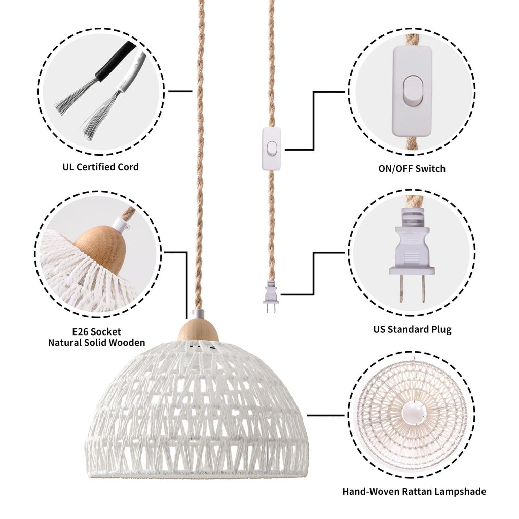 Plug in Pendant Light, Hanging Lamp with Plug in Cord, Hand Woven Rattan Lamp Shade, 15FT Hemp Rope Pendant Lamp Cord