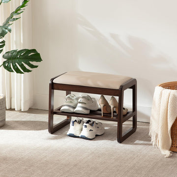 Small Shoe Rack Bench, 2 Tier Solid Wooden Entryway Bench(Beige)