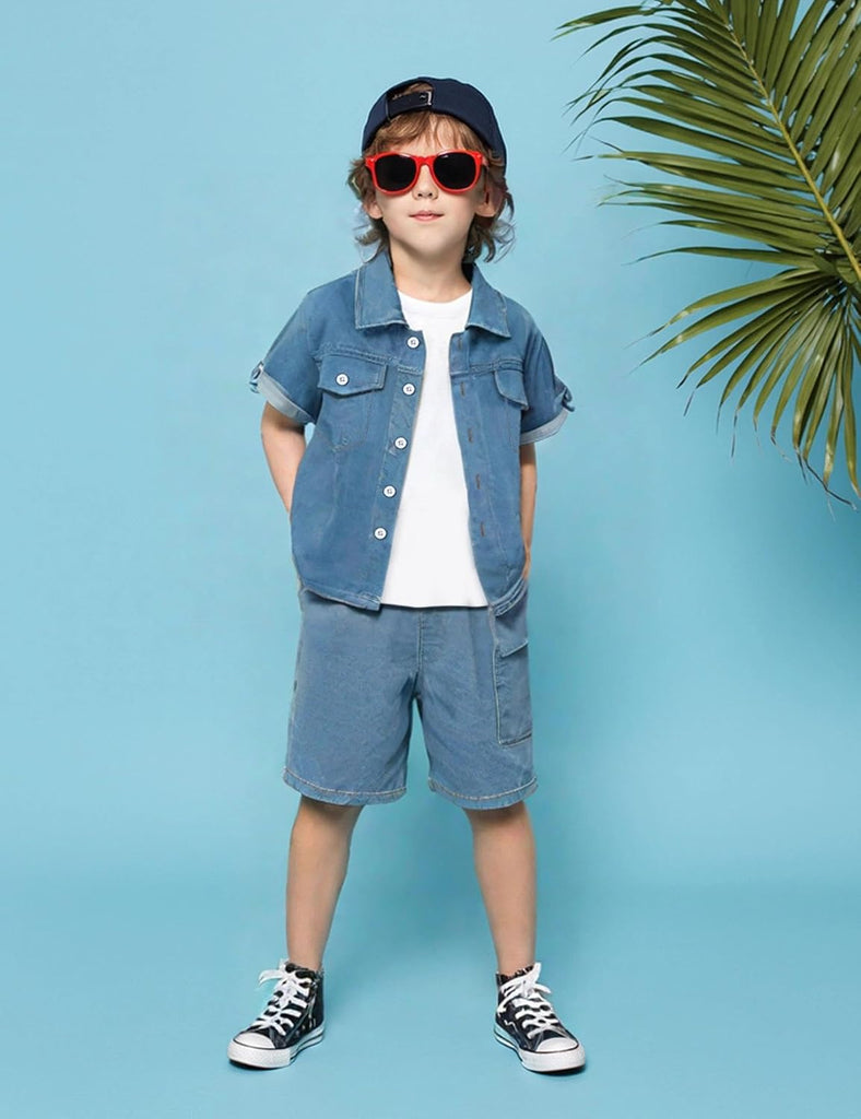 Klyatpxen 2Pcs Toddler Boys Denim Outfit Short Sleeve Button Up Jean Jacket Denim Shorts Summer Spring Clothing Set