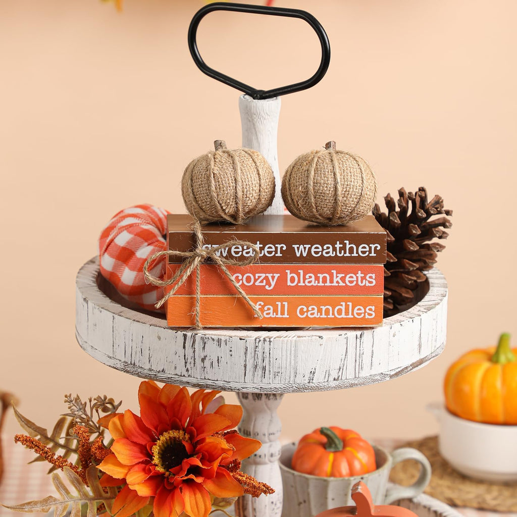 Fall Tiered Tray Decor, Wood Book Stack with Maple Leaves & Pumpkins