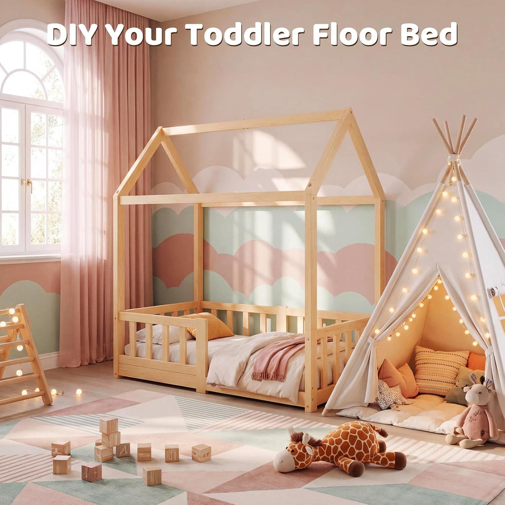 Toddler Bed, Toddler Floor Bed with Safety Guardrails, Wood Montessori House Bed with Roof, Low Toddler Bed Frame