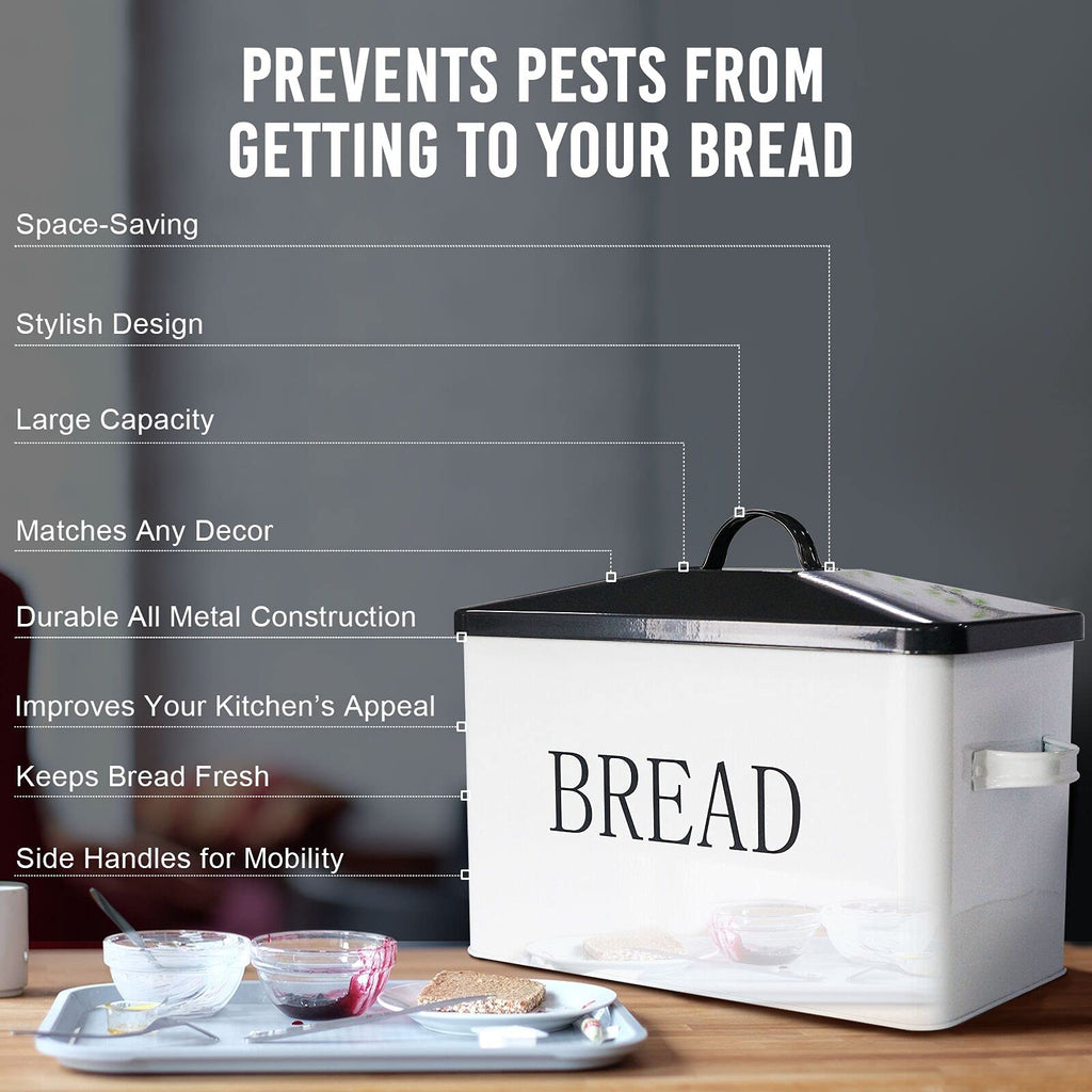 Metal with Lid Countertop Large Bread B Bread Food Snacks Storage Container Farmhouse BreadBox Grey Lid White Body