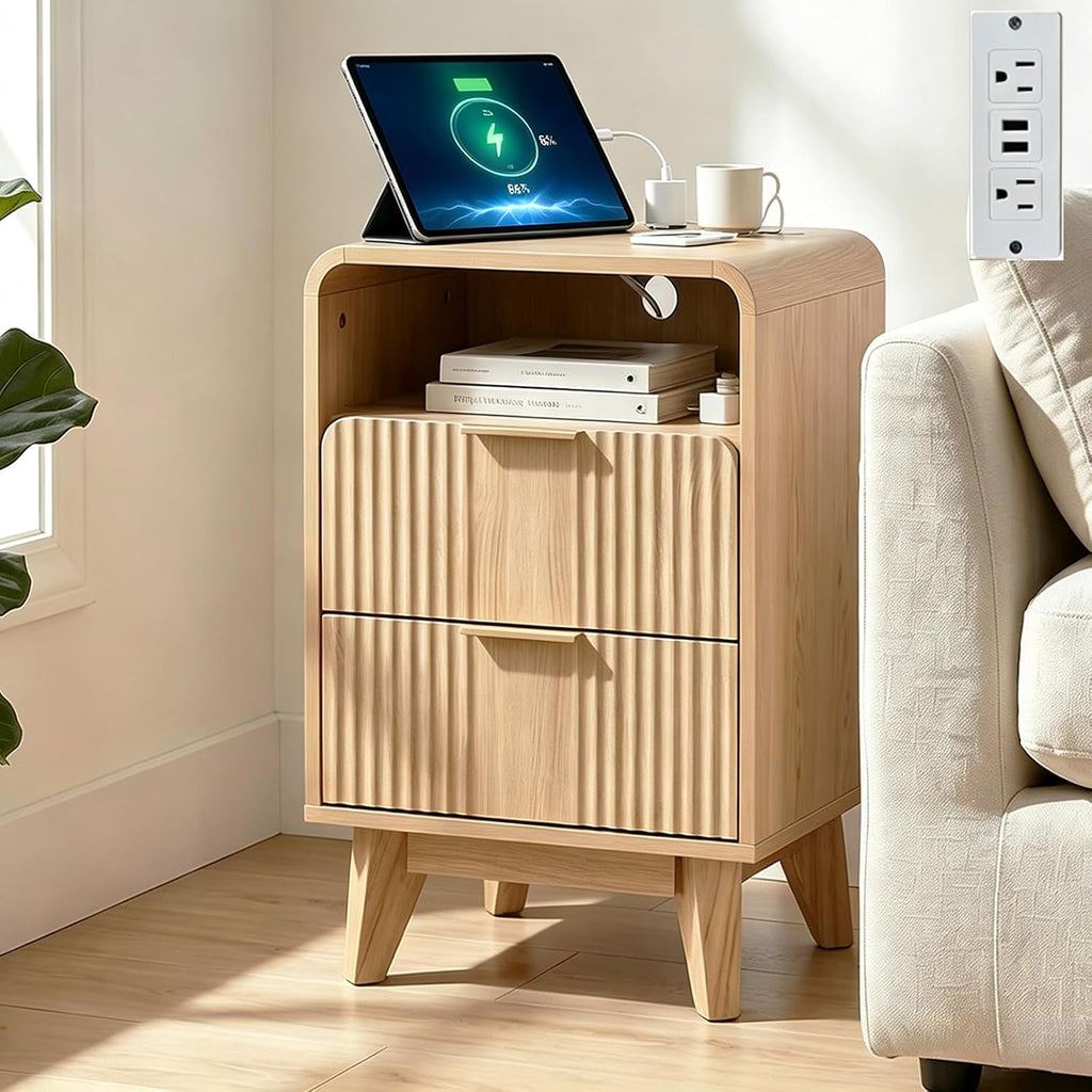 Nightstand, Modern Fluted Nightstand, Side Table with Charging Station, 2 Drawers, Open Shelf, Wood